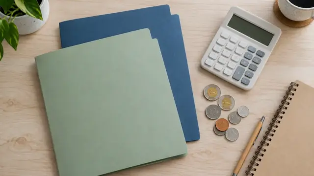 Fictional Canadian savings comparison with a calculator, plain folders and generic coins.