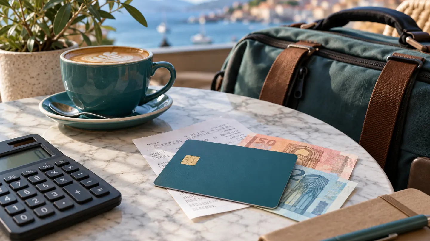 Fictional travel payment scene with a plain card, calculator, receipt and currency notes.