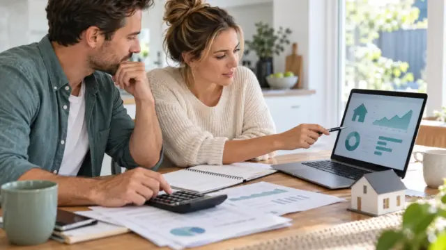 Fictional Australian household comparing mortgage figures at a kitchen table.