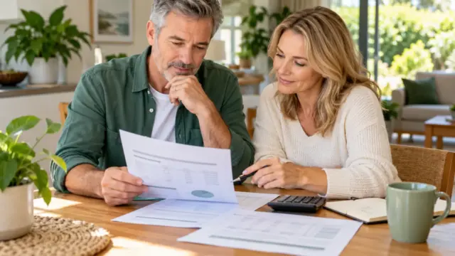 A couple reviewing retirement account papers at a dining table.