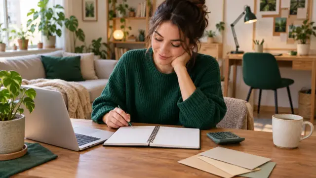 A freelancer reviewing household finances at a home desk.