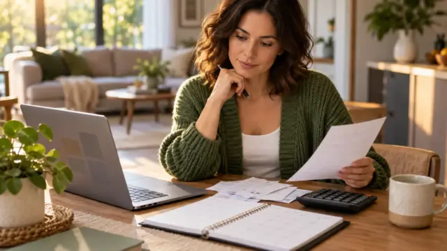 An adult comparing subscription costs with a calendar and calculator.