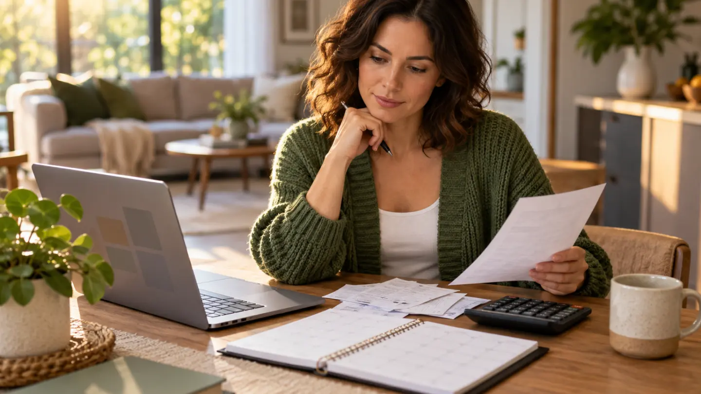 An adult comparing subscription costs with a calendar and calculator.