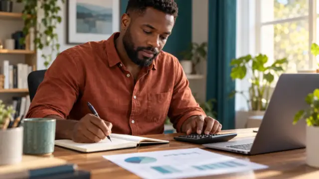 An adult using a calculator and notebook to review savings assumptions.
