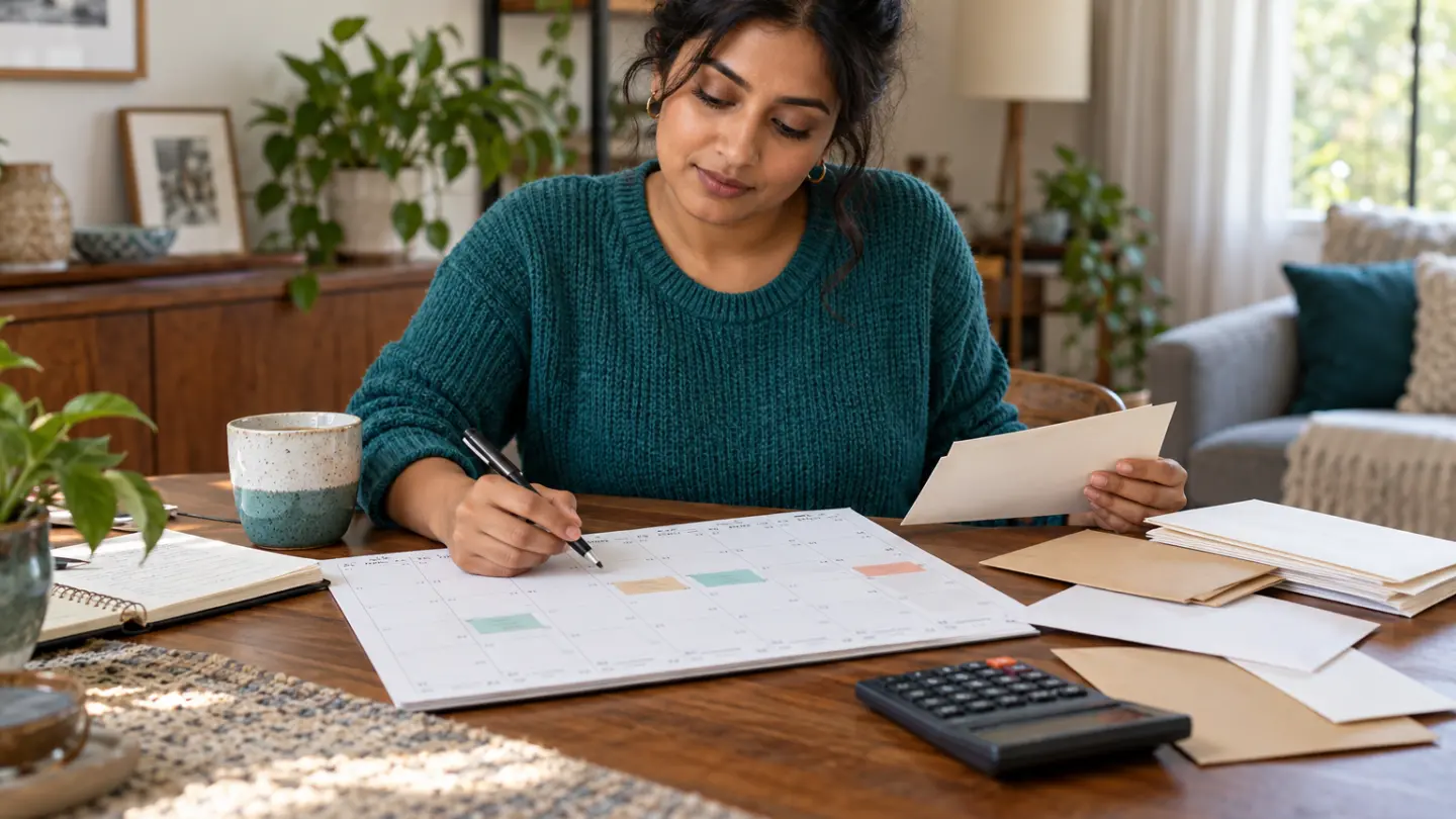 An adult organising an annual calendar, envelopes and household budget.
