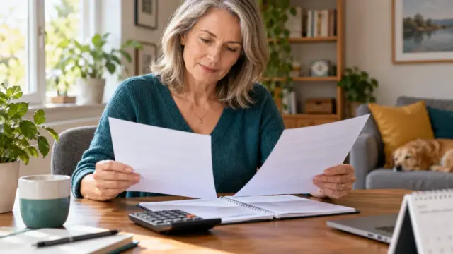 A woman comparing repayment schedules at a home desk with a calculator.