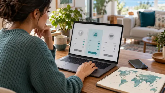 A person comparing transfer options on a laptop with an abstract world map notebook.