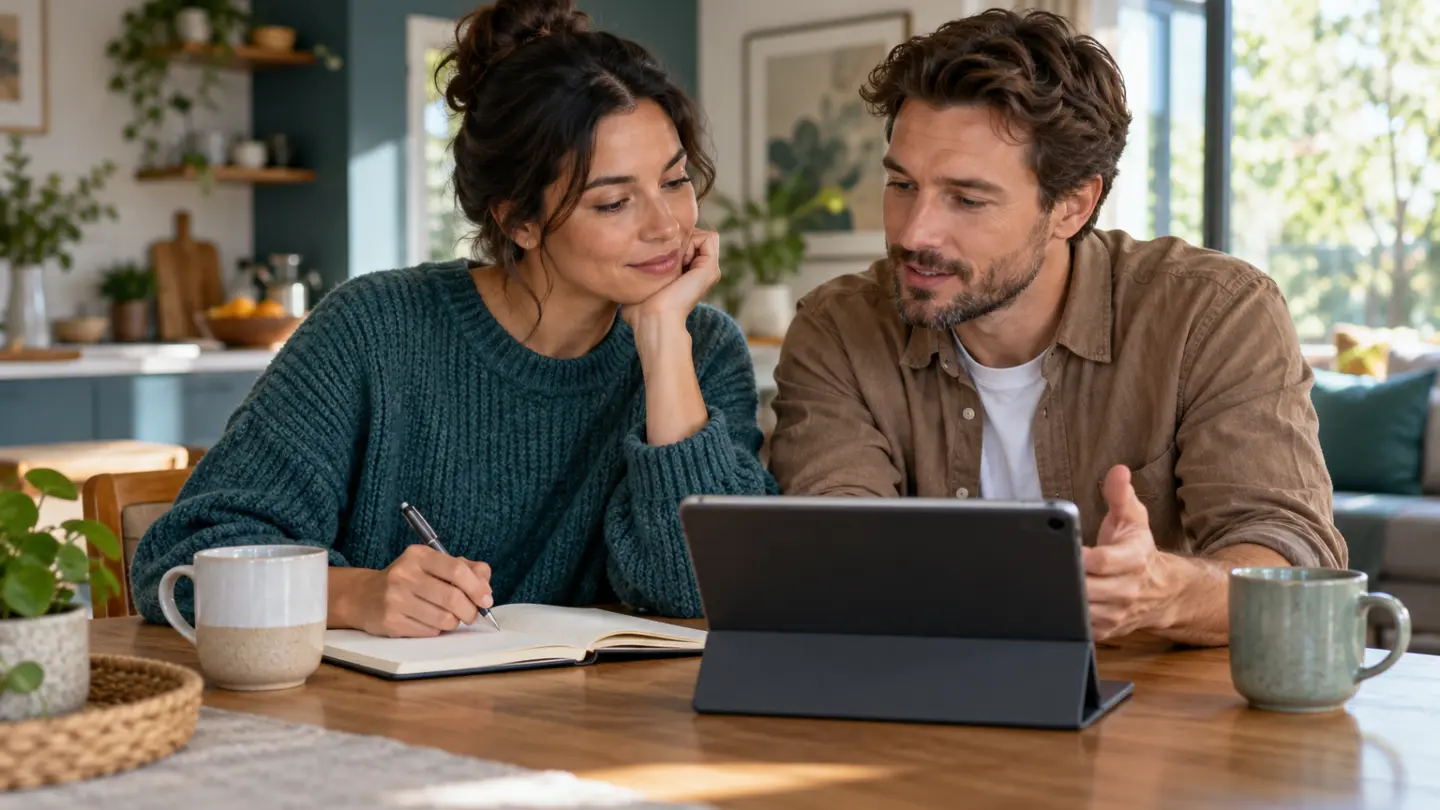 Two adults discussing household banking with a notebook and tablet.