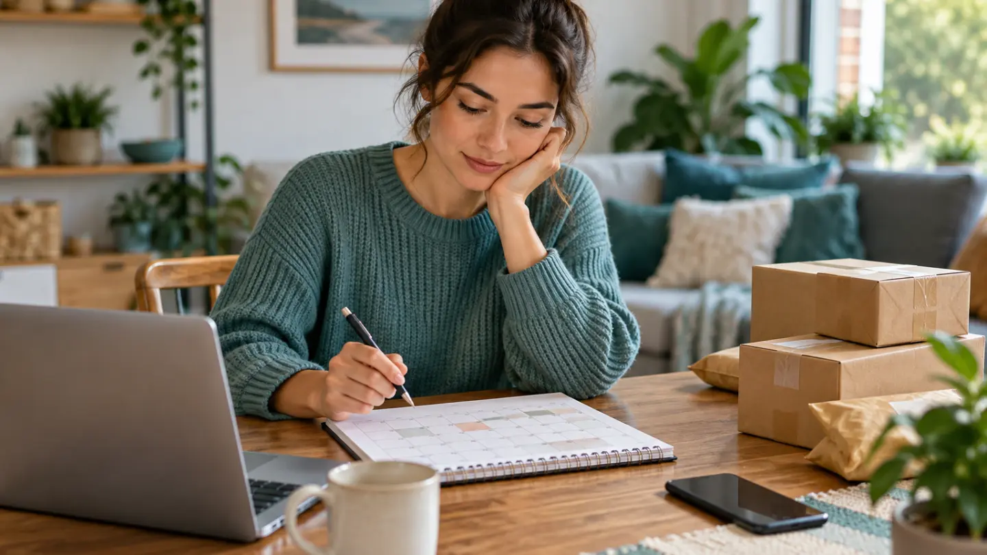 An adult reviewing a spending calendar beside shopping parcels.
