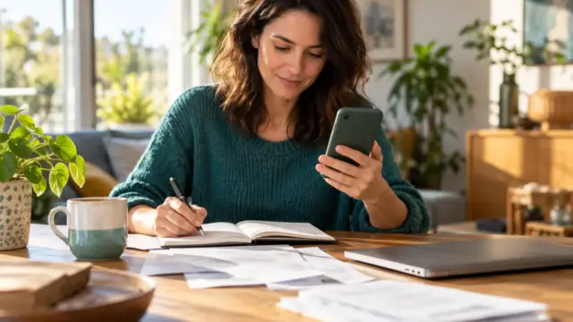 An adult checking a phone and household budget notes at a home desk.