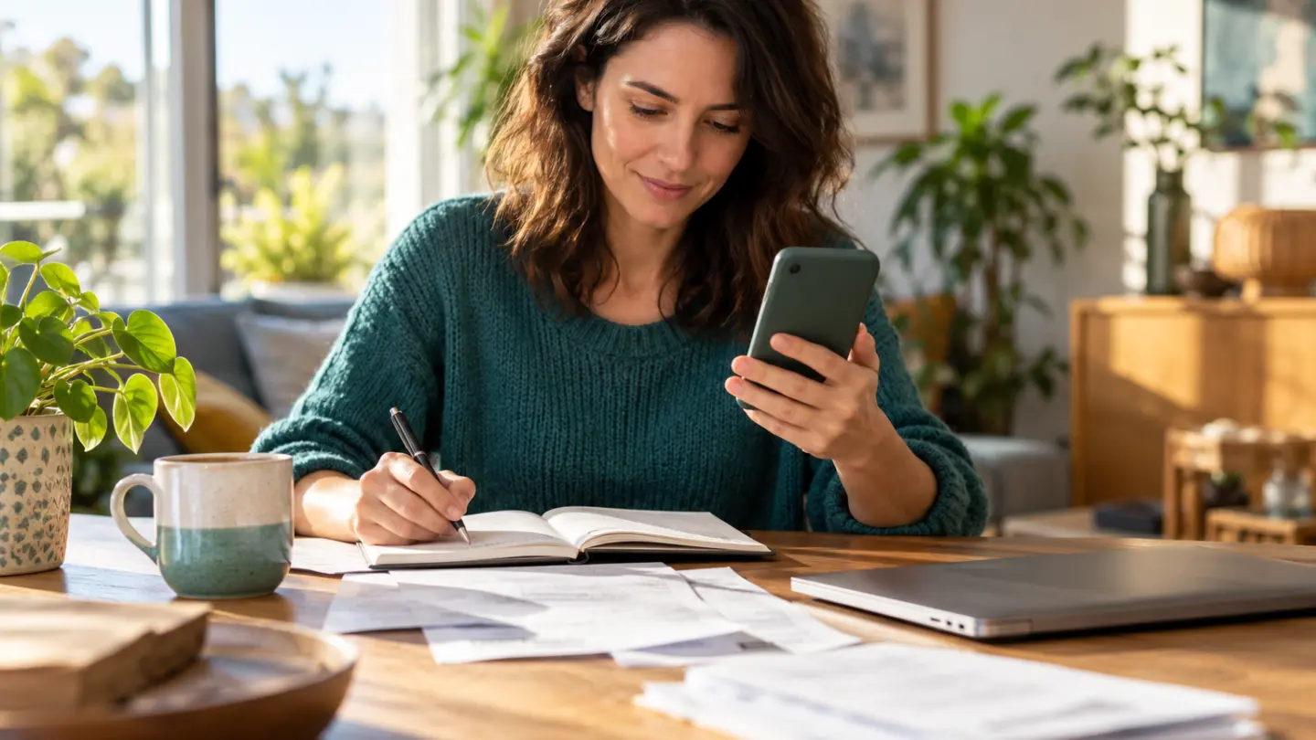 An adult checking a phone and household budget notes at a home desk.