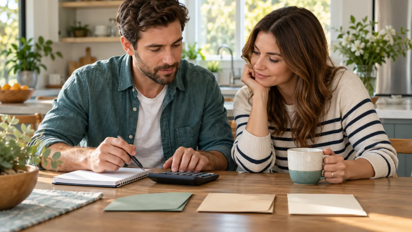 A couple reviewing budget notes with three plain envelopes.