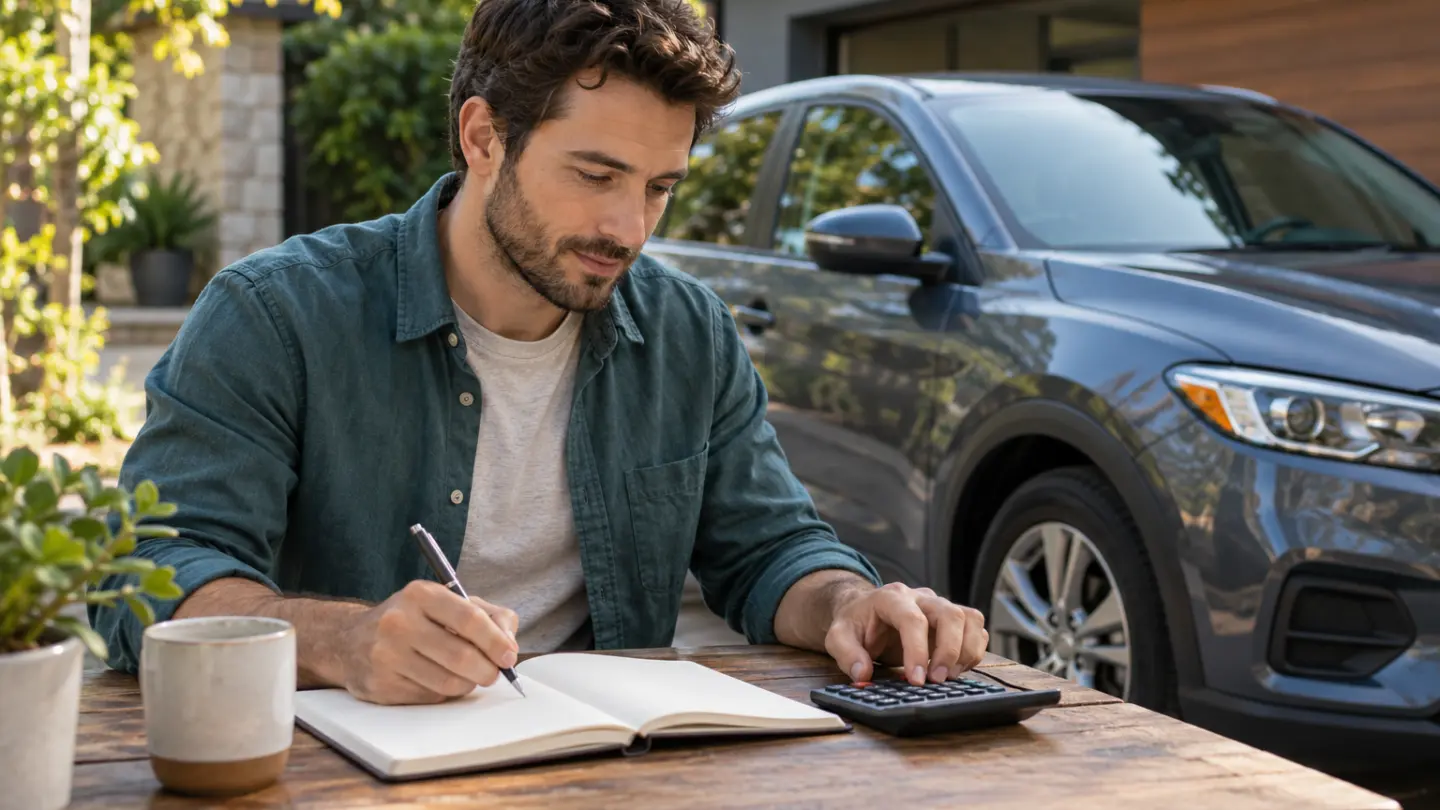 A car owner reviewing running-cost notes beside a parked vehicle.