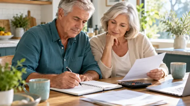 An older couple reviewing a household retirement budget.