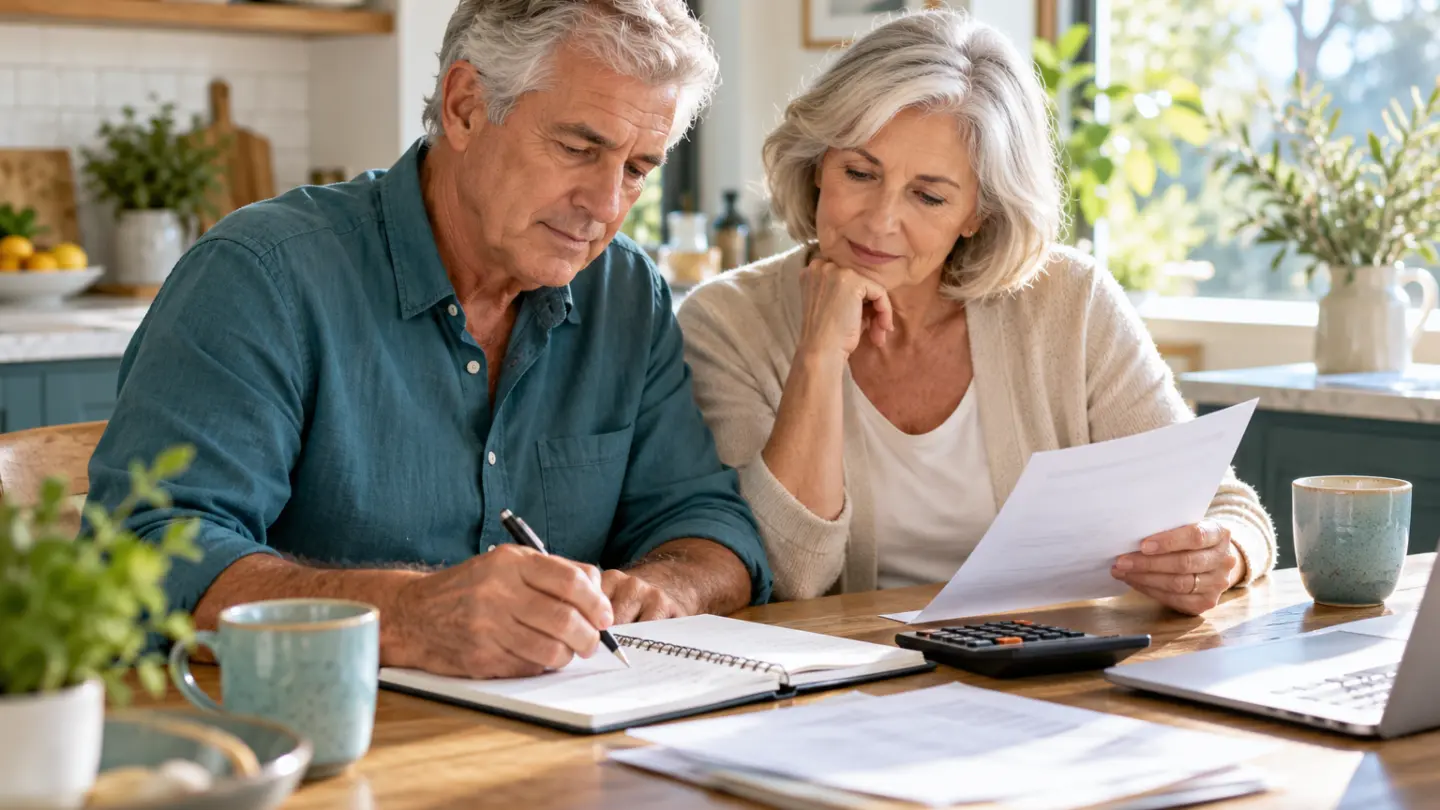 An older couple reviewing a household retirement budget.