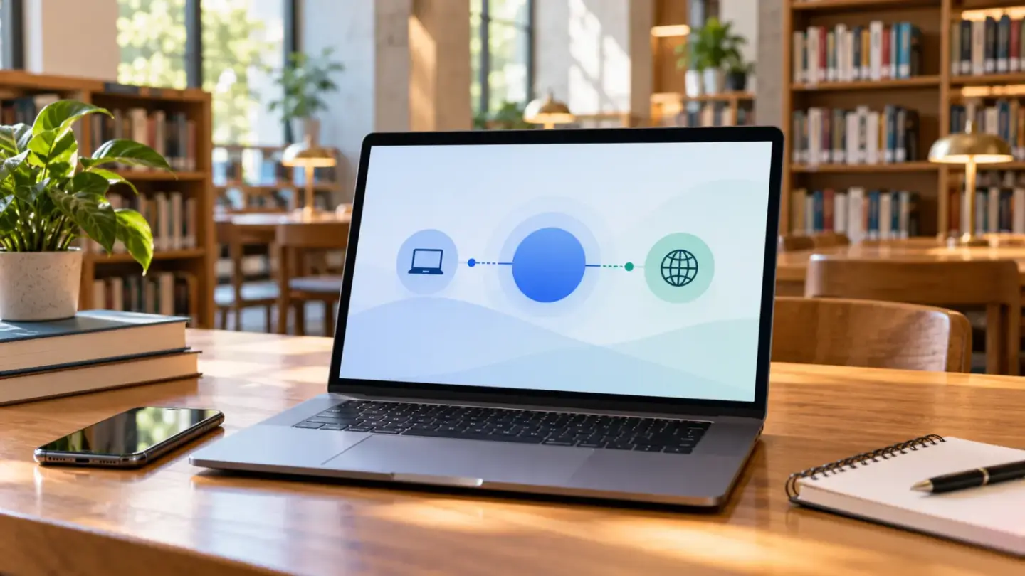 Fictional library desk with an unbranded laptop showing an abstract connection diagram and a smartphone.
