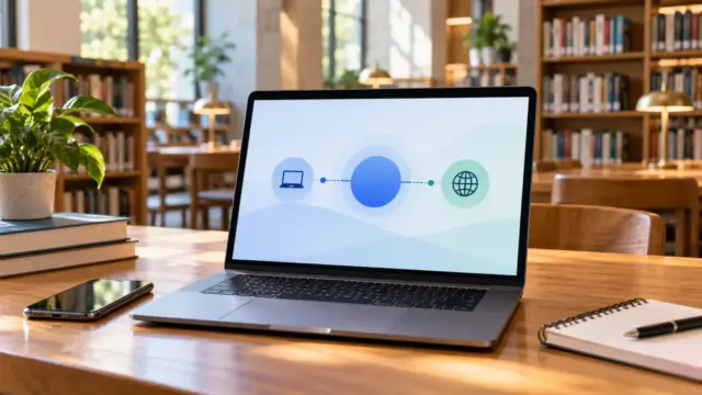 Fictional library desk with an unbranded laptop showing an abstract connection diagram and a smartphone.