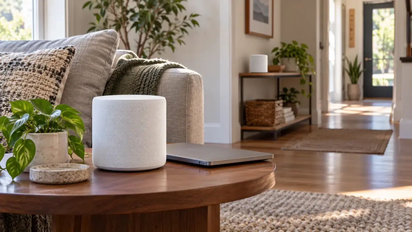 Two fictional white unbranded Wi-Fi nodes in a living room and hallway with a closed laptop.