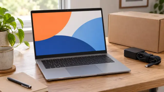 Fictional unbranded refurbished laptop with its charger and plain shipping box on a desk.