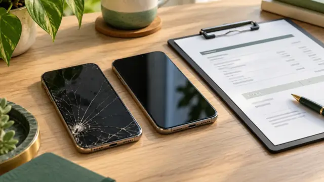 A cracked phone beside a replacement handset and fictional repair paperwork.