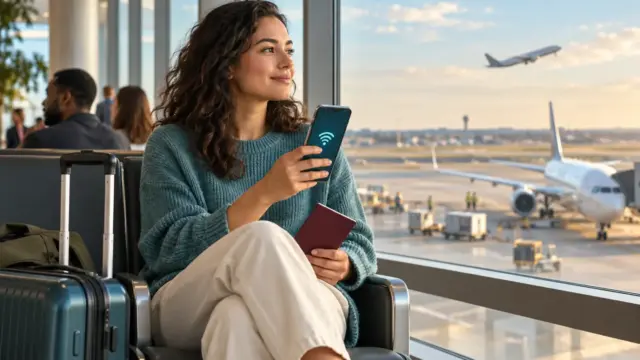 Fictional traveller using a smartphone near an airport departure window.