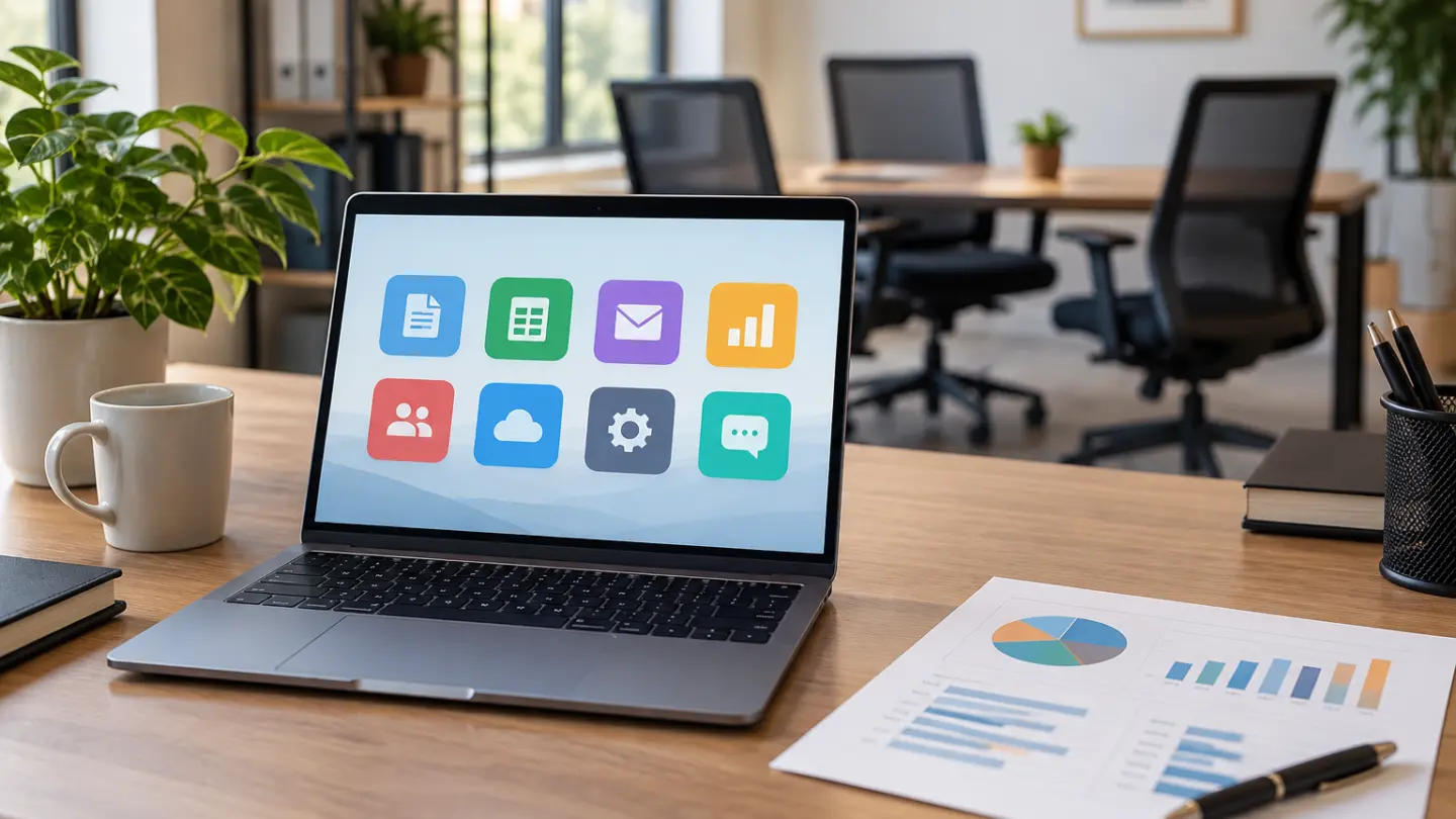 Fictional small-team workspace with a laptop showing abstract software icons and three chairs.