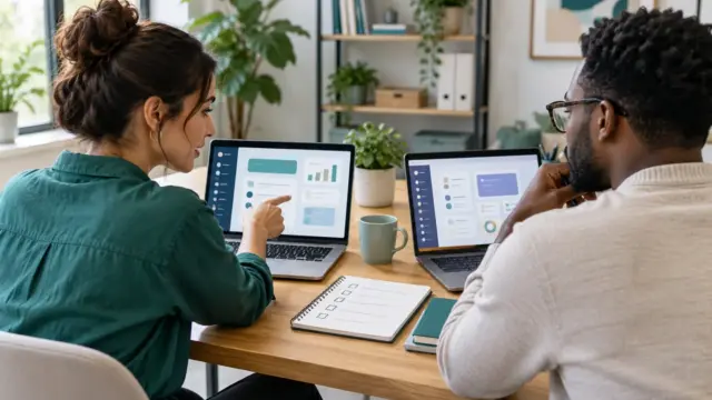 Fictional small-business team comparing abstract software interfaces and a task checklist.