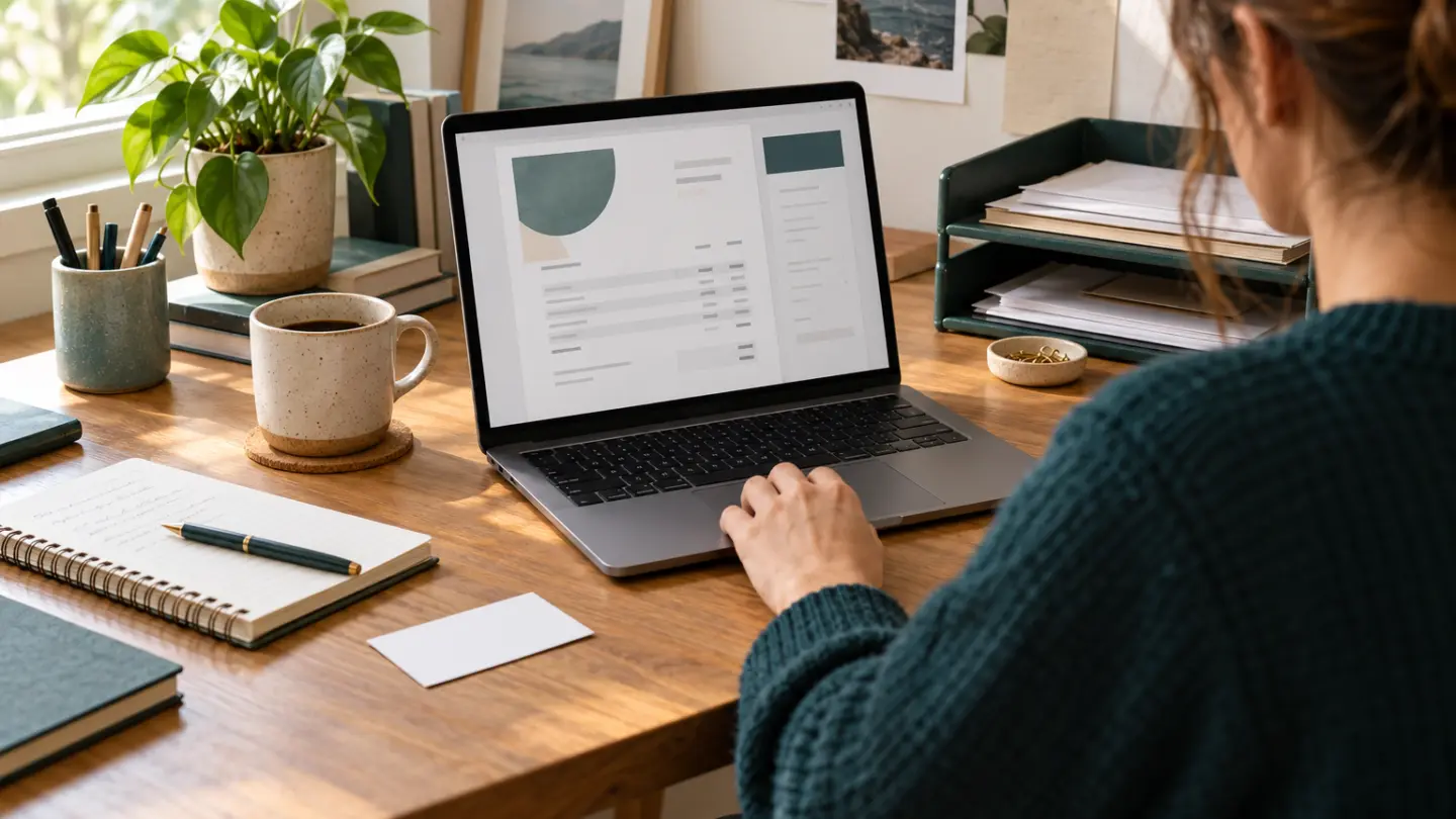 Fictional freelance studio with a laptop showing an abstract invoice and a paper-receipt tray.