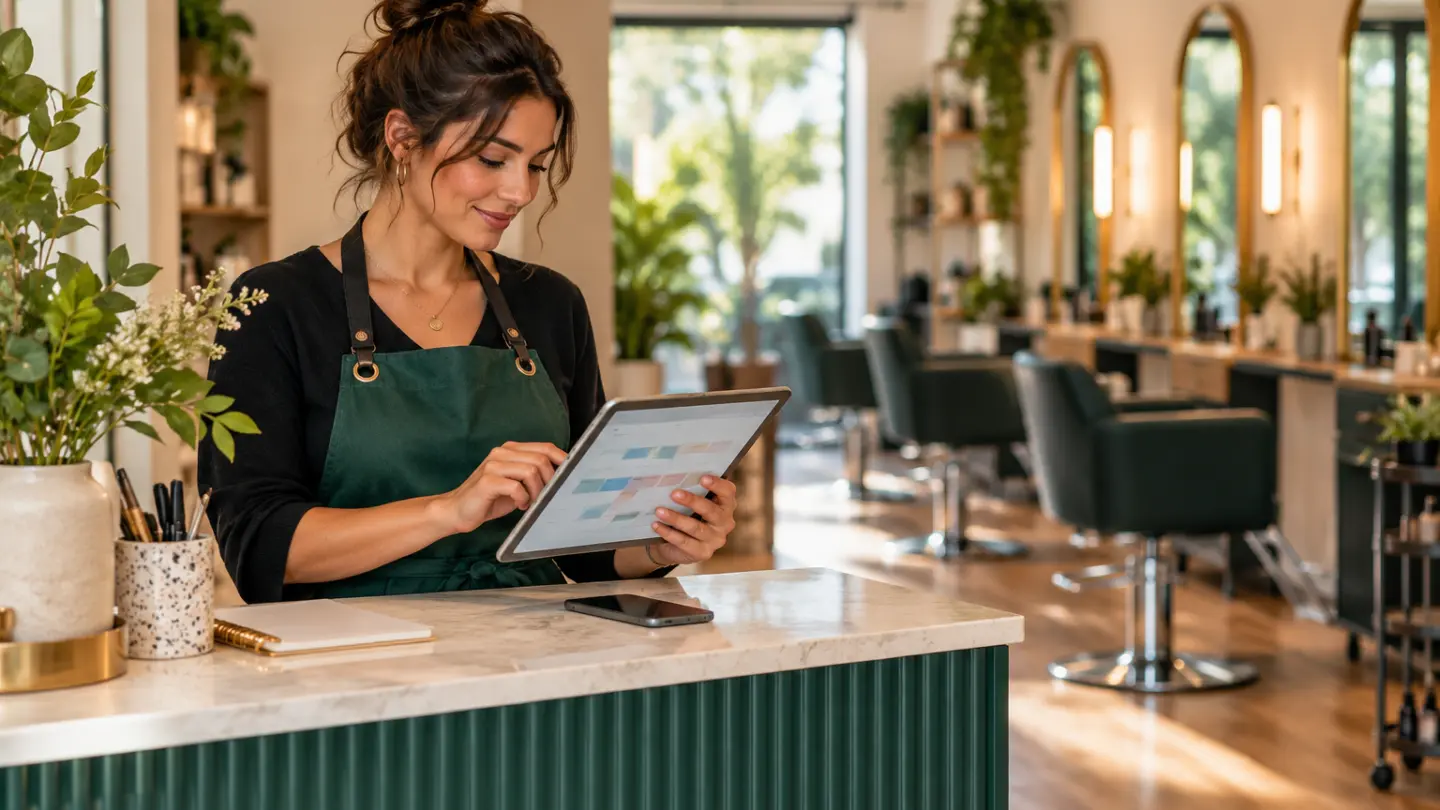 A salon owner checking an appointment calendar on a tablet.