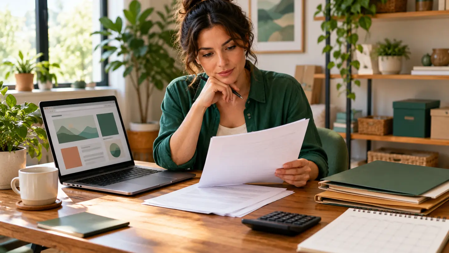 A small-business owner comparing website subscription paperwork beside a laptop.