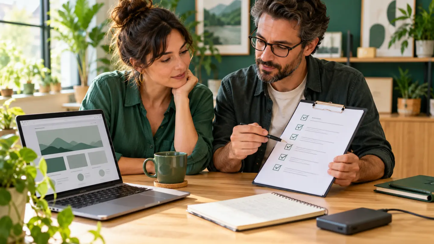 A business owner and technical consultant reviewing website maintenance at a desk.