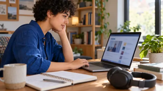 An adult reviewing an online course at a home desk.