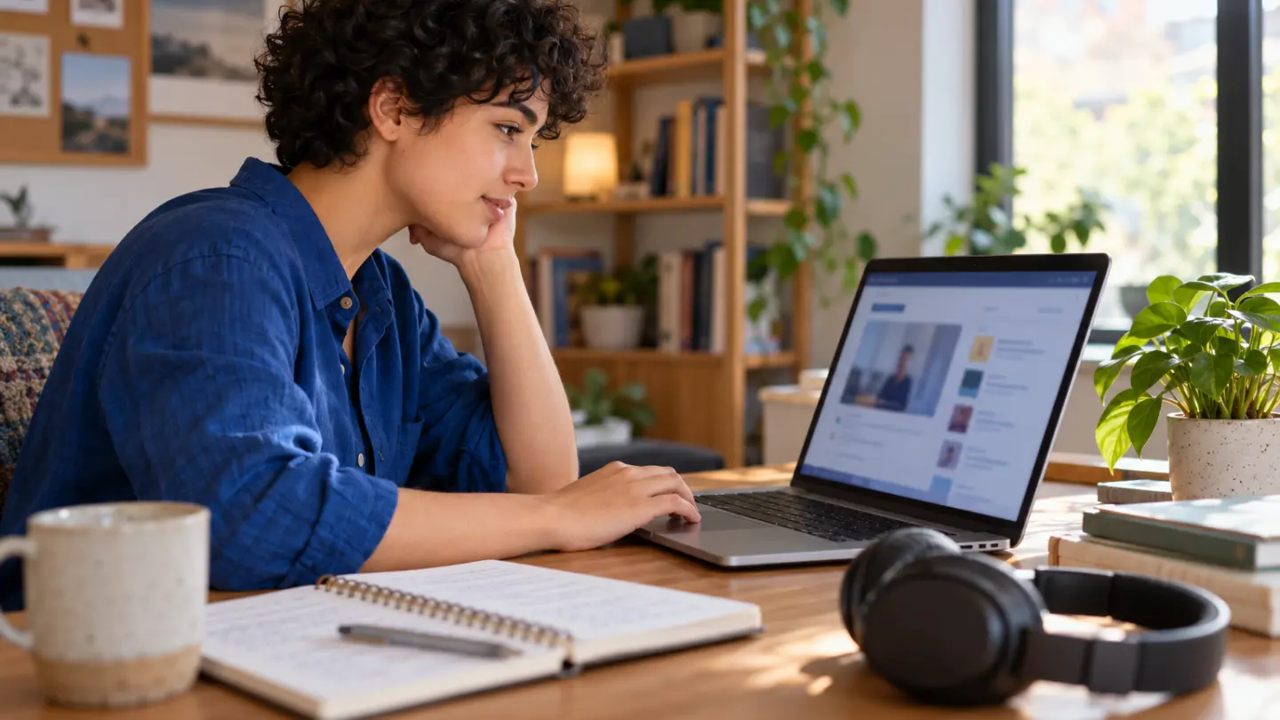 An adult reviewing an online course at a home desk.