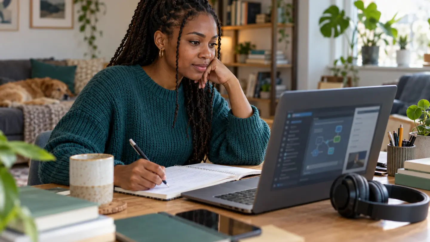 An adult studying cybersecurity with a laptop and notebook at home.