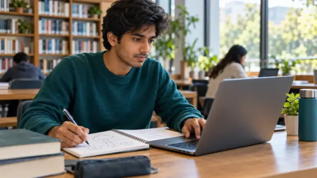A learner studying cloud concepts on an unbranded laptop in a library.