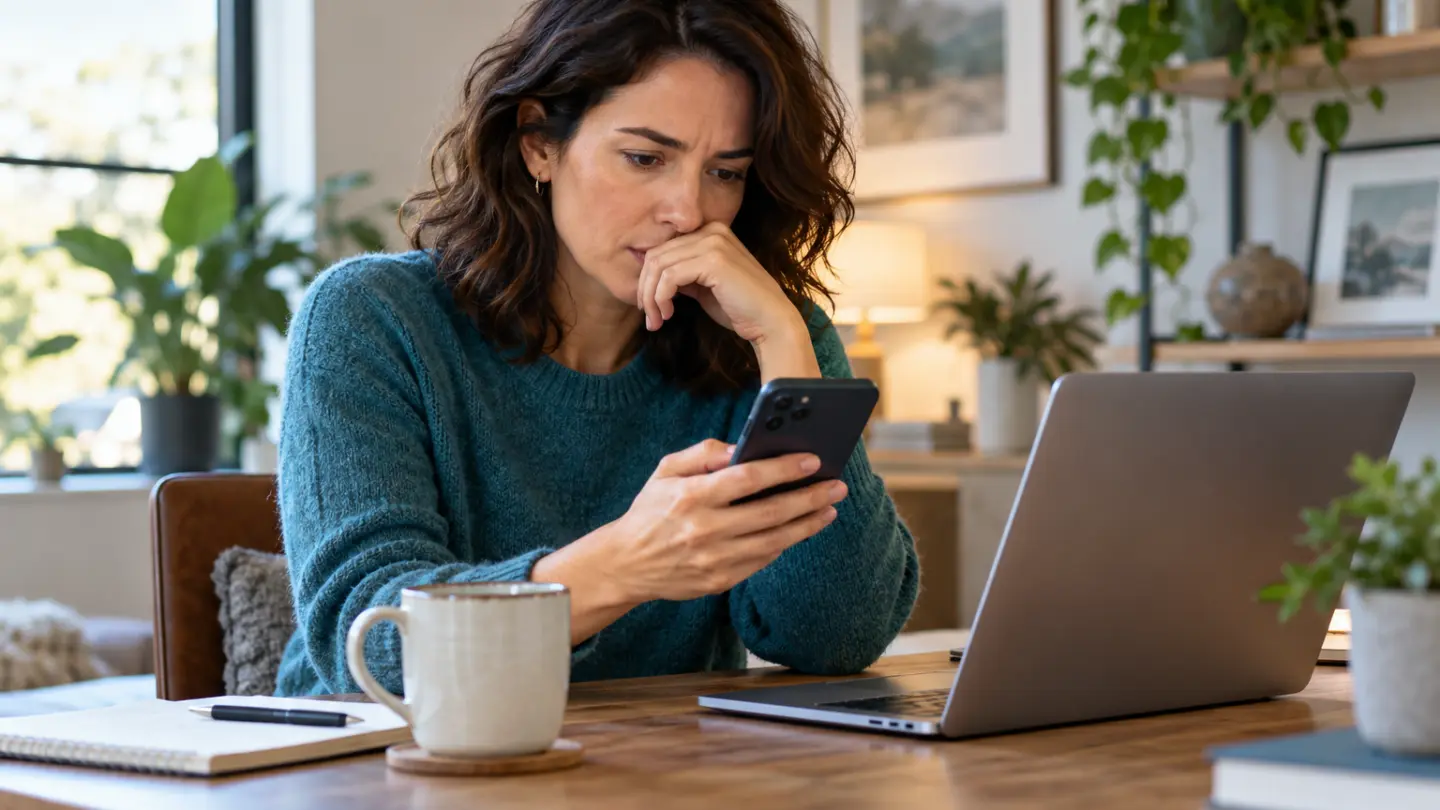 An adult checking an unexpected phone message beside a laptop.