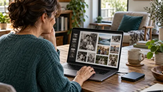 An adult checking family photographs on a laptop beside an external drive.