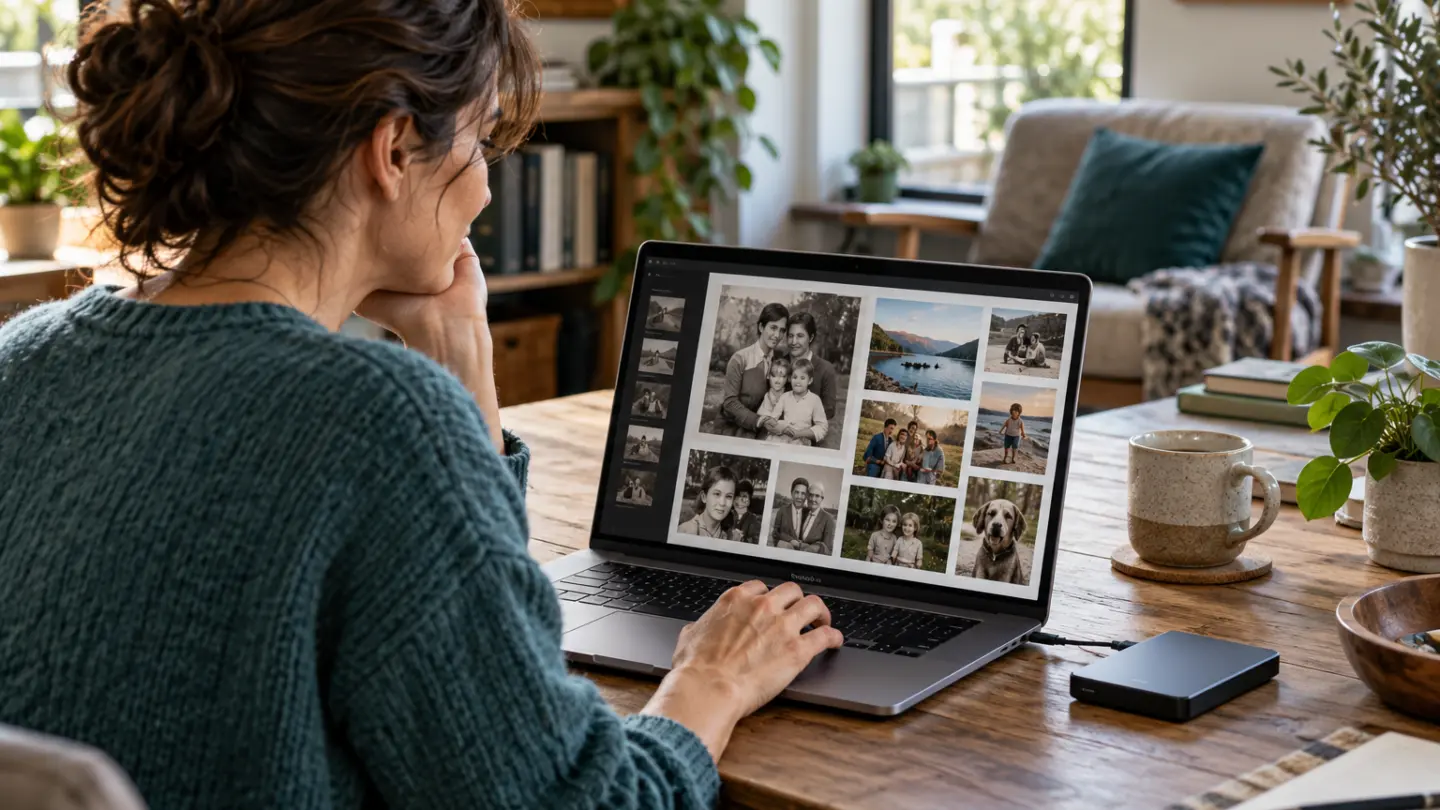 An adult checking family photographs on a laptop beside an external drive.