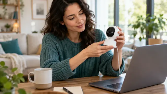 An adult reviewing an indoor camera beside a laptop.