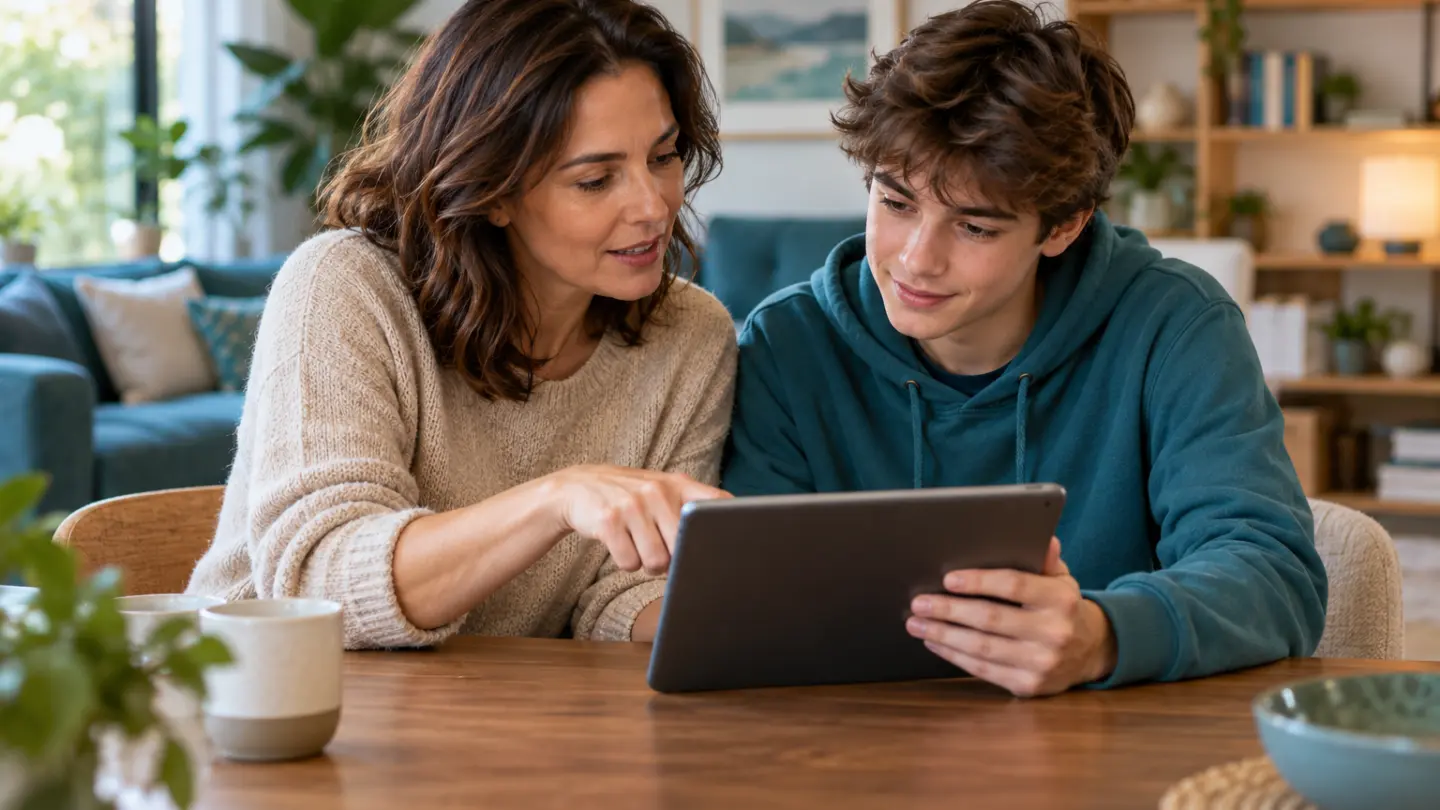 A parent and teenager discussing tablet settings together.