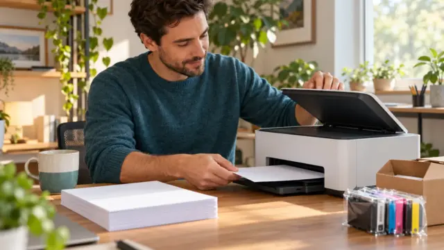 An adult examining a home printer beside paper and packaged supplies.