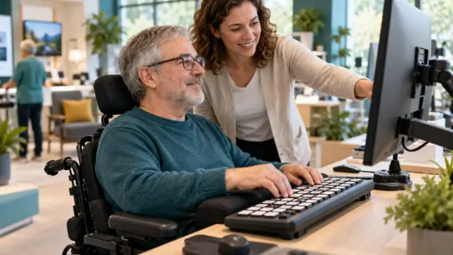 An adult evaluating an accessible keyboard and computer setup.