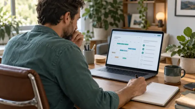 An adult reviewing an illustrative trial calendar and checklist on a laptop.