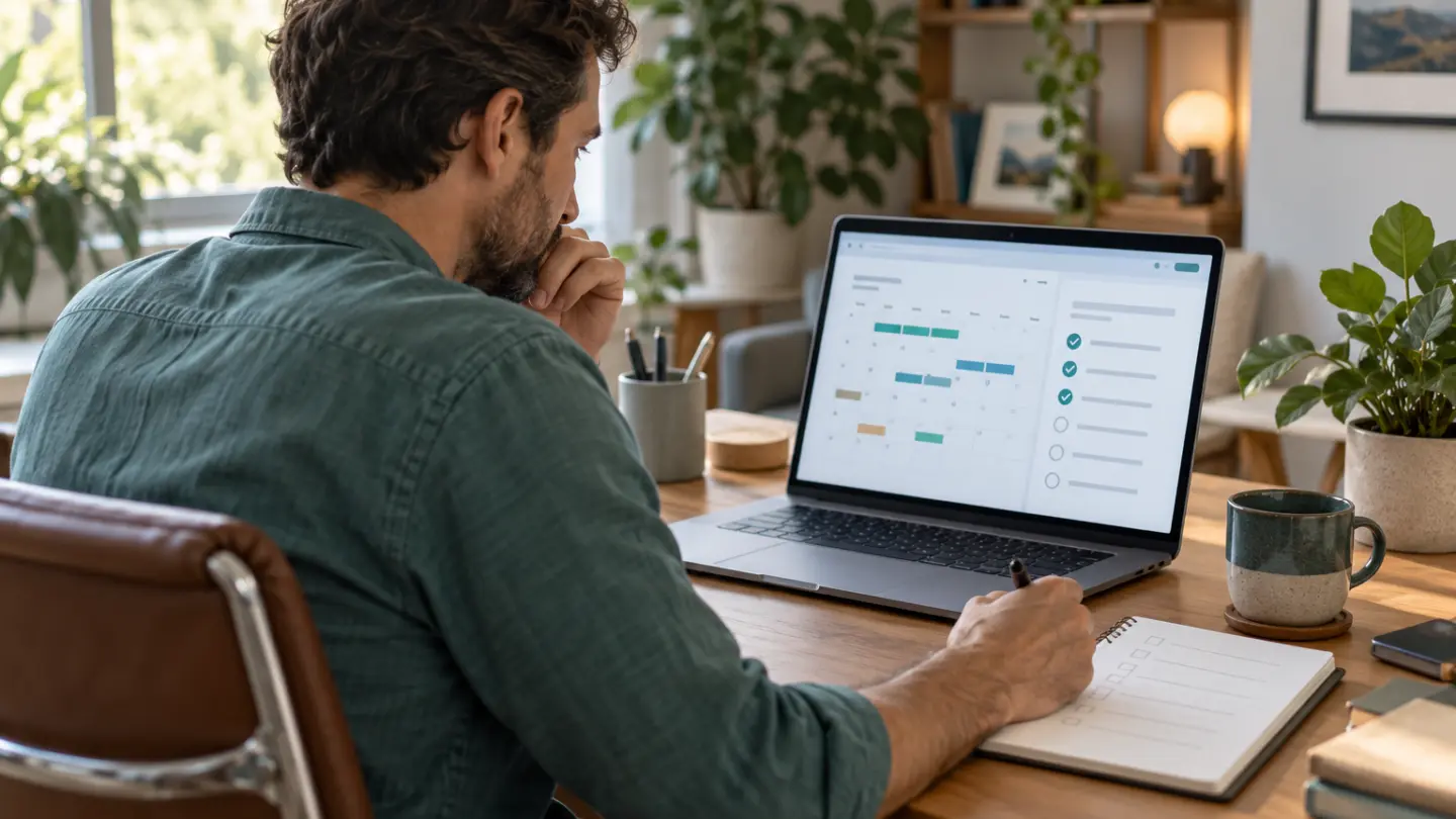 An adult reviewing an illustrative trial calendar and checklist on a laptop.